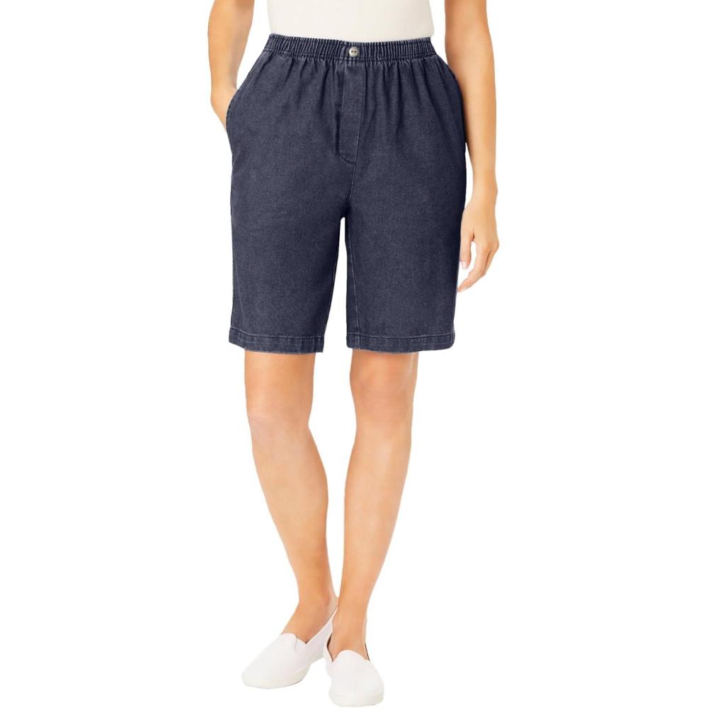 image:imageWoman Within Plus Size 7Day ElasticWaist PullOn Cotton Denim ShortsIndigo