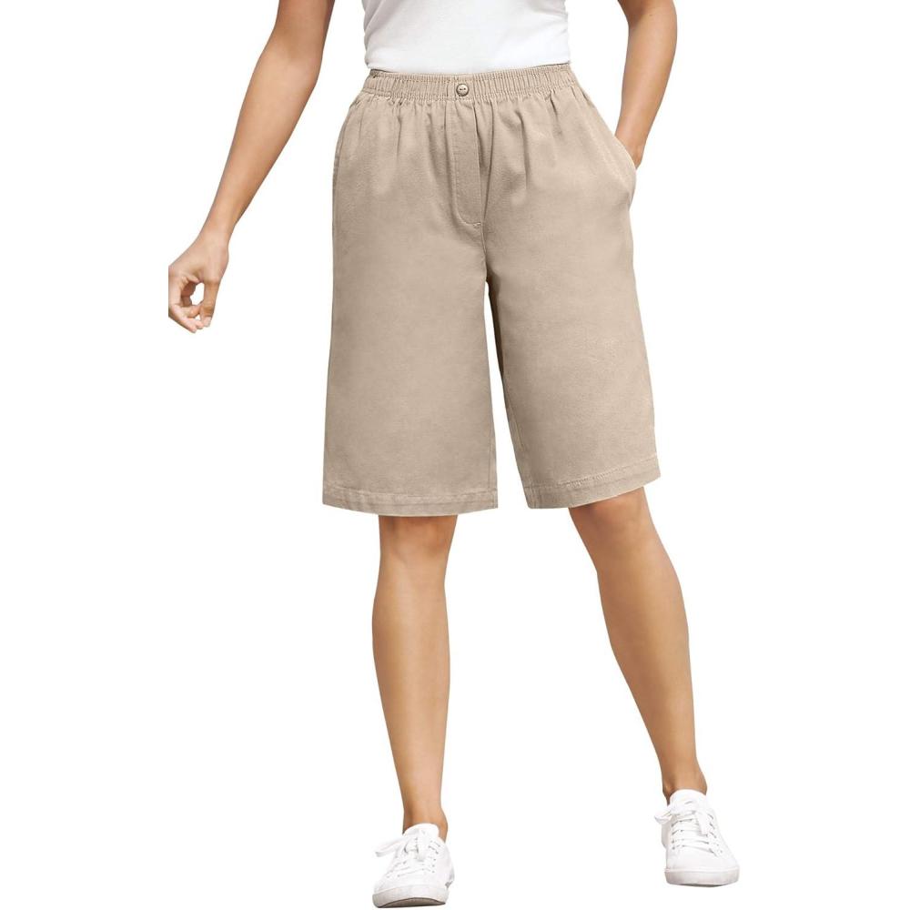 image:imageWoman Within Plus Size 7Day ElasticWaist PullOn Cotton Denim ShortsNatural Khaki