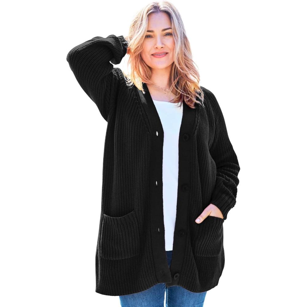 image:imageWoman Within Plus Size ButtonFront Shaker Cardigan SweaterBlack