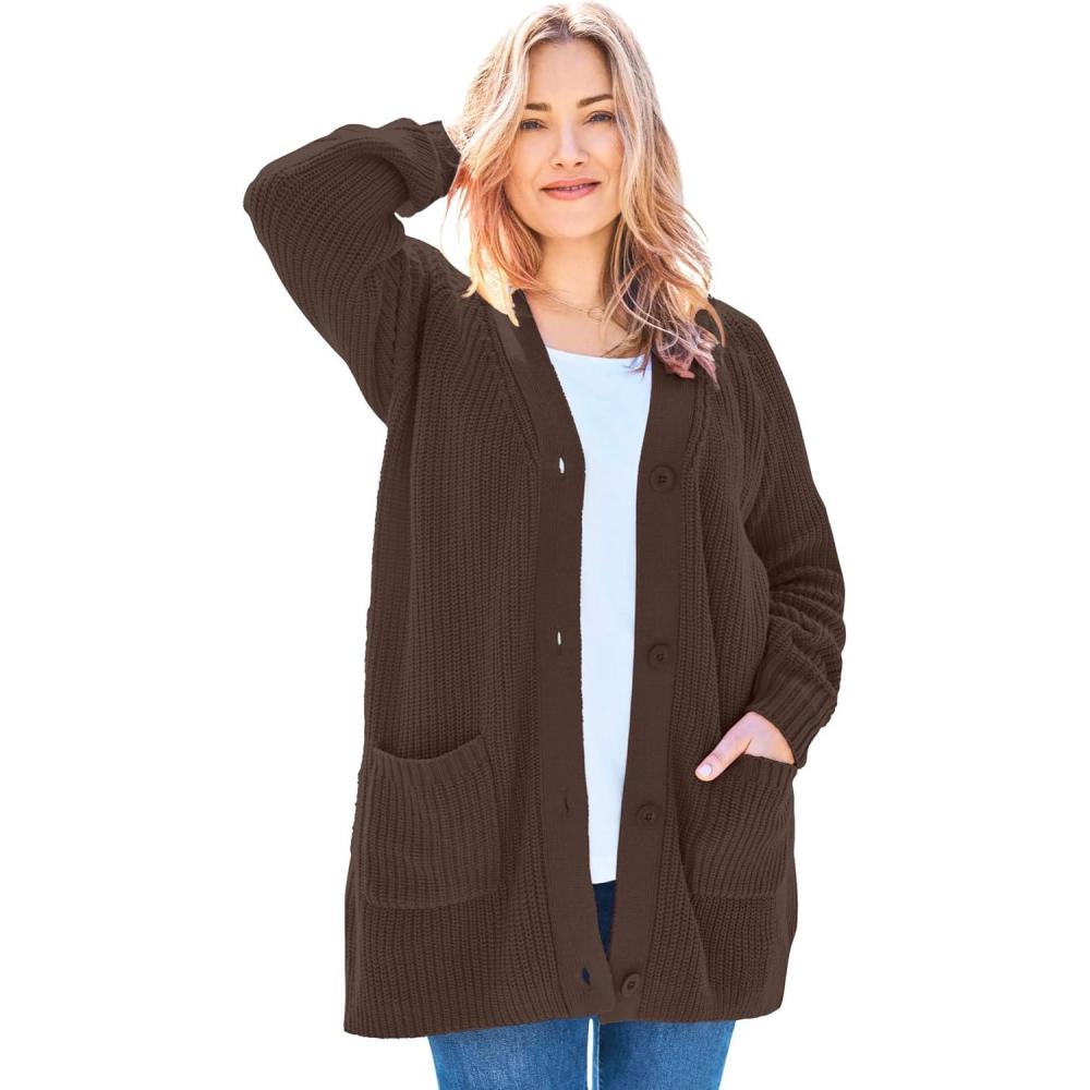 image:imageWoman Within Plus Size ButtonFront Shaker Cardigan SweaterChocolate