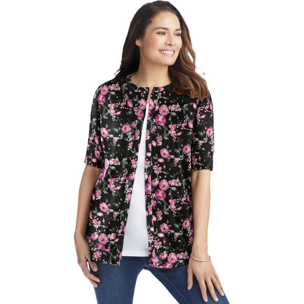 image:imageWoman Within Plus Size Perfect ElbowLength Sleeve Cardigan SweaterBlack Floral