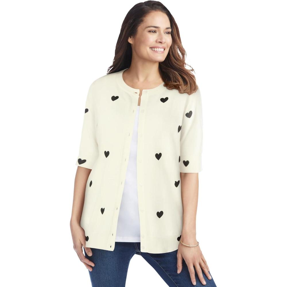 image:imageWoman Within Plus Size Perfect ElbowLength Sleeve Cardigan SweaterIvory Black Heart