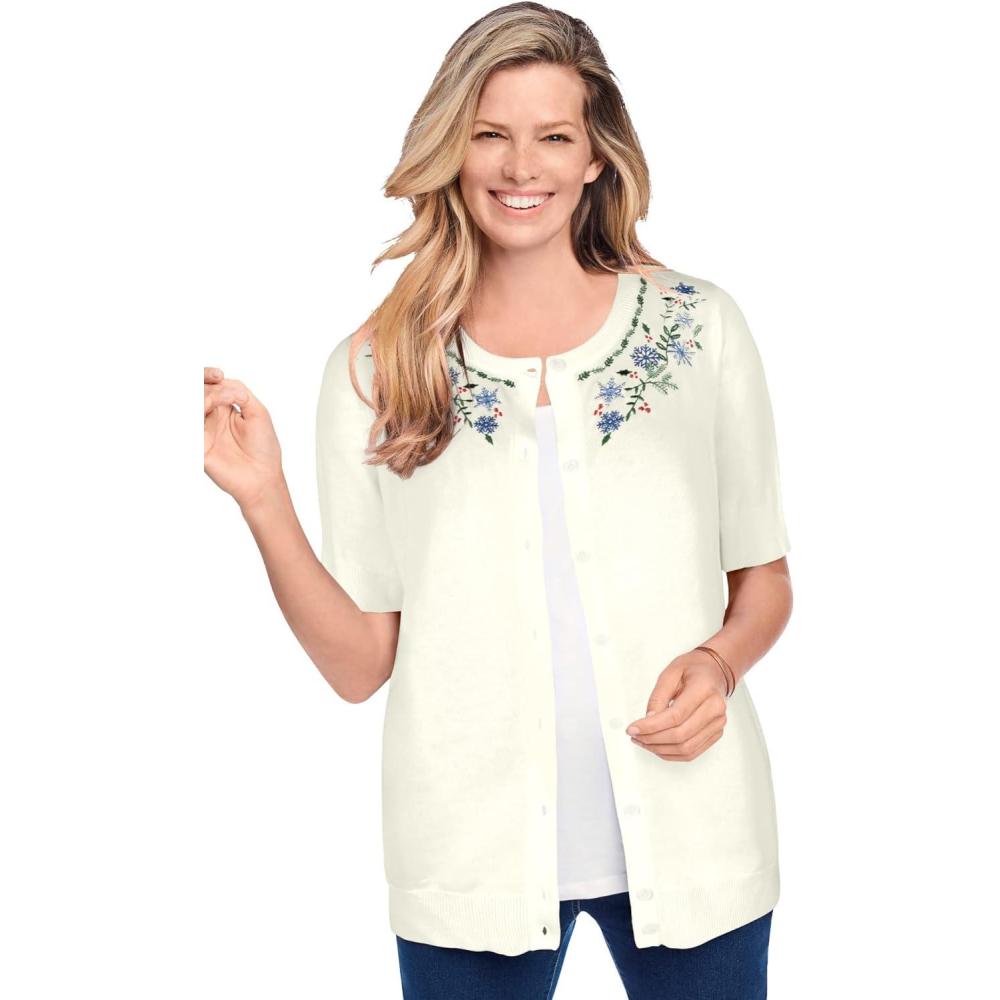 image:imageWoman Within Plus Size Perfect ElbowLength Sleeve Cardigan SweaterIvory Snowflake Embroidery
