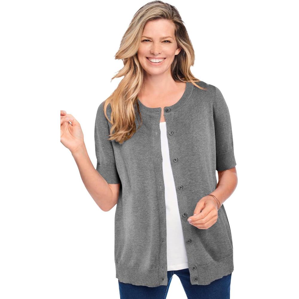 image:imageWoman Within Plus Size Perfect ElbowLength Sleeve Cardigan SweaterMedium Heather Grey