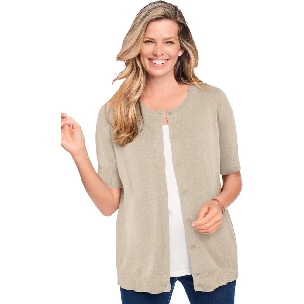 image:imageWoman Within Plus Size Perfect ElbowLength Sleeve Cardigan SweaterNatural Khaki
