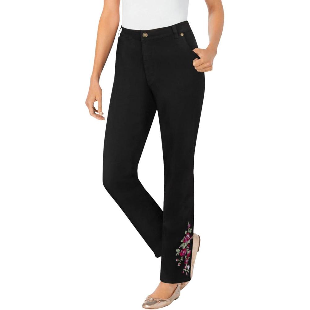 image:imageWoman Within Plus Size StraightLeg Stretch Denim FivePocket JeansBlack Bloom Embroidery