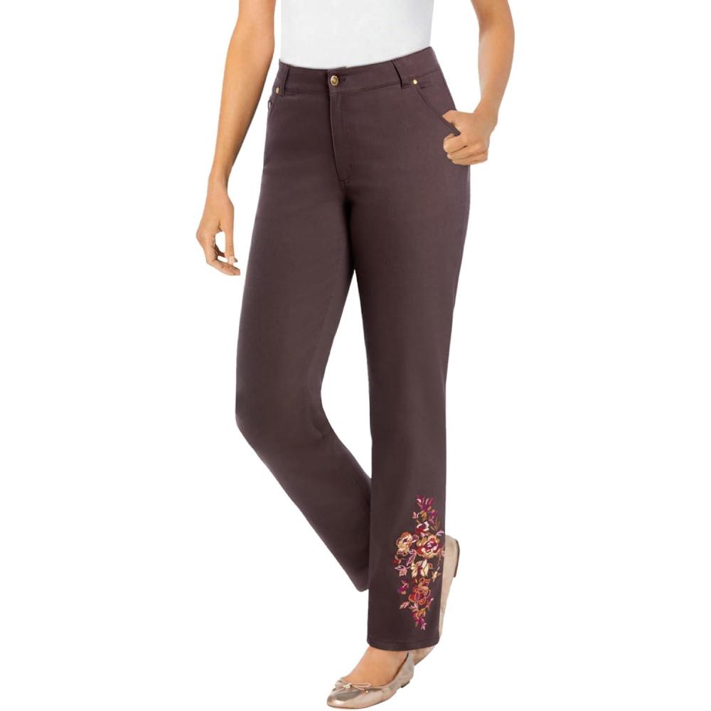 image:imageWoman Within Plus Size StraightLeg Stretch Denim FivePocket JeansChocolate Petal Embroidery