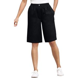Woman Within Plus Size 7-Day Elastic-Waist Pull-On Cotton Denim Shorts(Black)