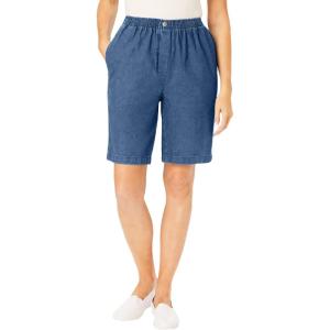 Woman Within Plus Size 7-Day Elastic-Waist Pull-On Cotton Denim Shorts(Medium Stonewash)