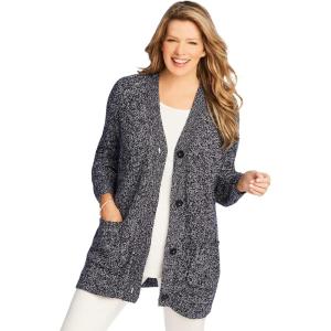 Woman Within Plus Size Button-Front Shaker Cardigan Sweater(Black White Marled)