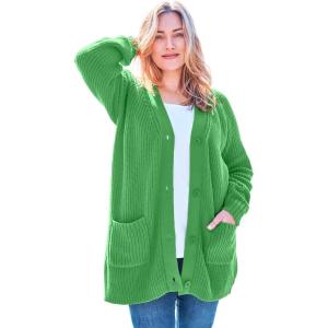Woman Within Plus Size Button-Front Shaker Cardigan Sweater(Grass)