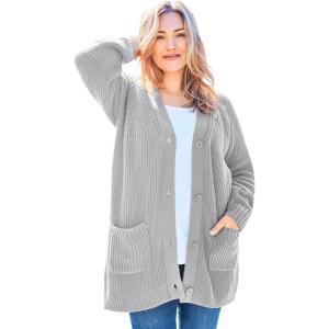 Woman Within Plus Size Button-Front Shaker Cardigan Sweater(Heather Grey)