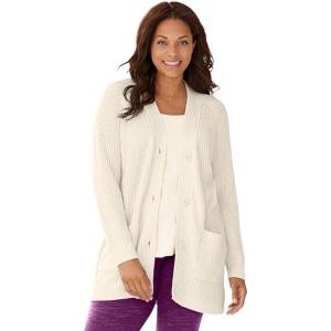 Woman Within Plus Size Button-Front Shaker Cardigan Sweater(Ivory)