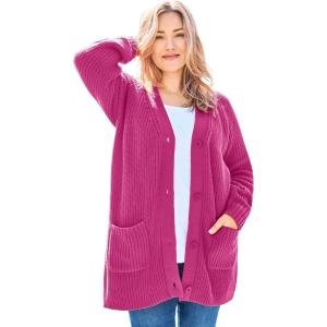 Woman Within Plus Size Button-Front Shaker Cardigan Sweater(Raspberry)