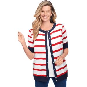 Woman Within Plus Size Perfect Elbow-Length Sleeve Cardigan Sweater(Vivid Red Stripe)