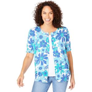 Woman Within Plus Size Perfect Elbow-Length Sleeve Cardigan Sweater(White Blue Blossom)