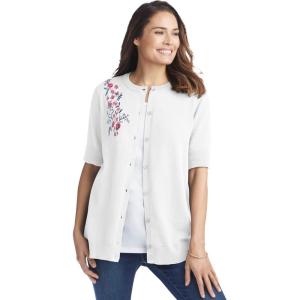 Woman Within Plus Size Perfect Elbow-Length Sleeve Cardigan Sweater(White Flower Embroidery)