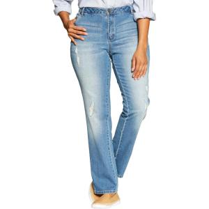Woman Within Plus Size Straight-Leg Stretch Denim Five-Pocket Jeans(Distressed)