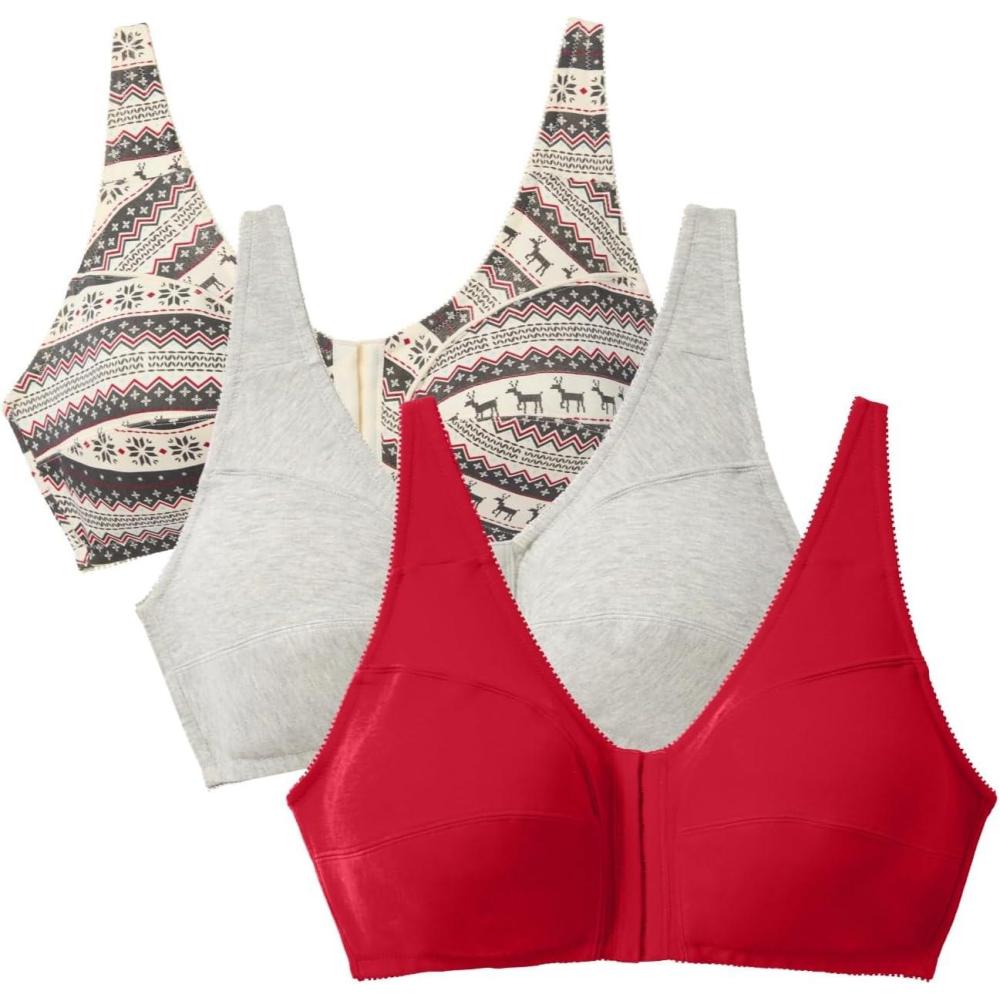image:imageComfort Choice Womens Plus Size 3Pack FrontClose Cotton Wireless BraClassic Red Assorted