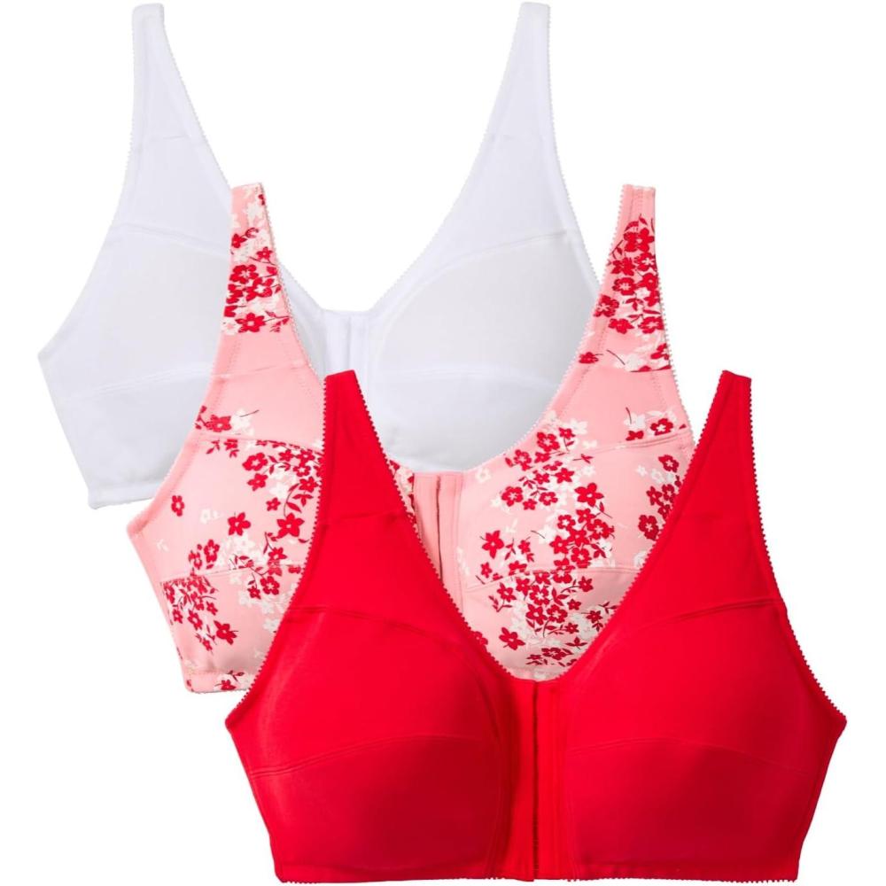 image:imageComfort Choice Womens Plus Size 3Pack FrontClose Cotton Wireless BraHot Red Assorted
