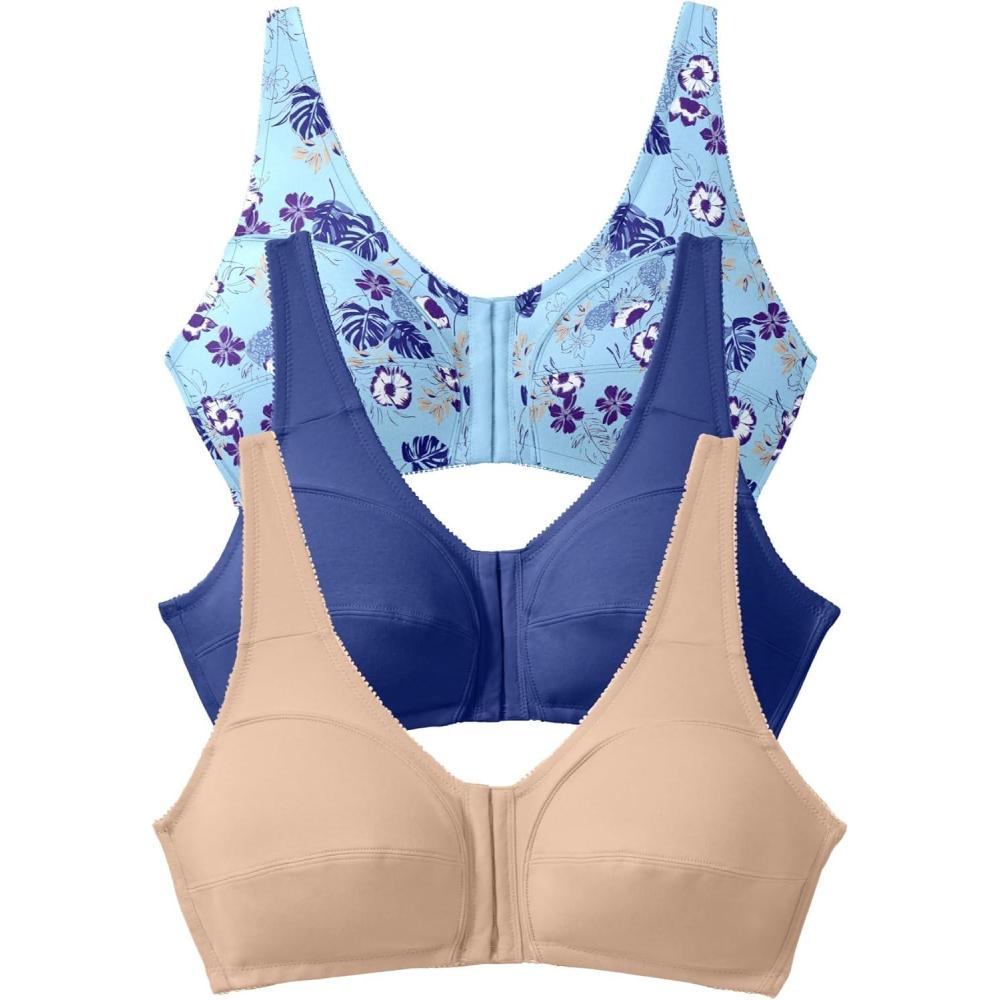 image:imageComfort Choice Womens Plus Size 3Pack FrontClose Cotton Wireless BraTropical Pineapple Assorted
