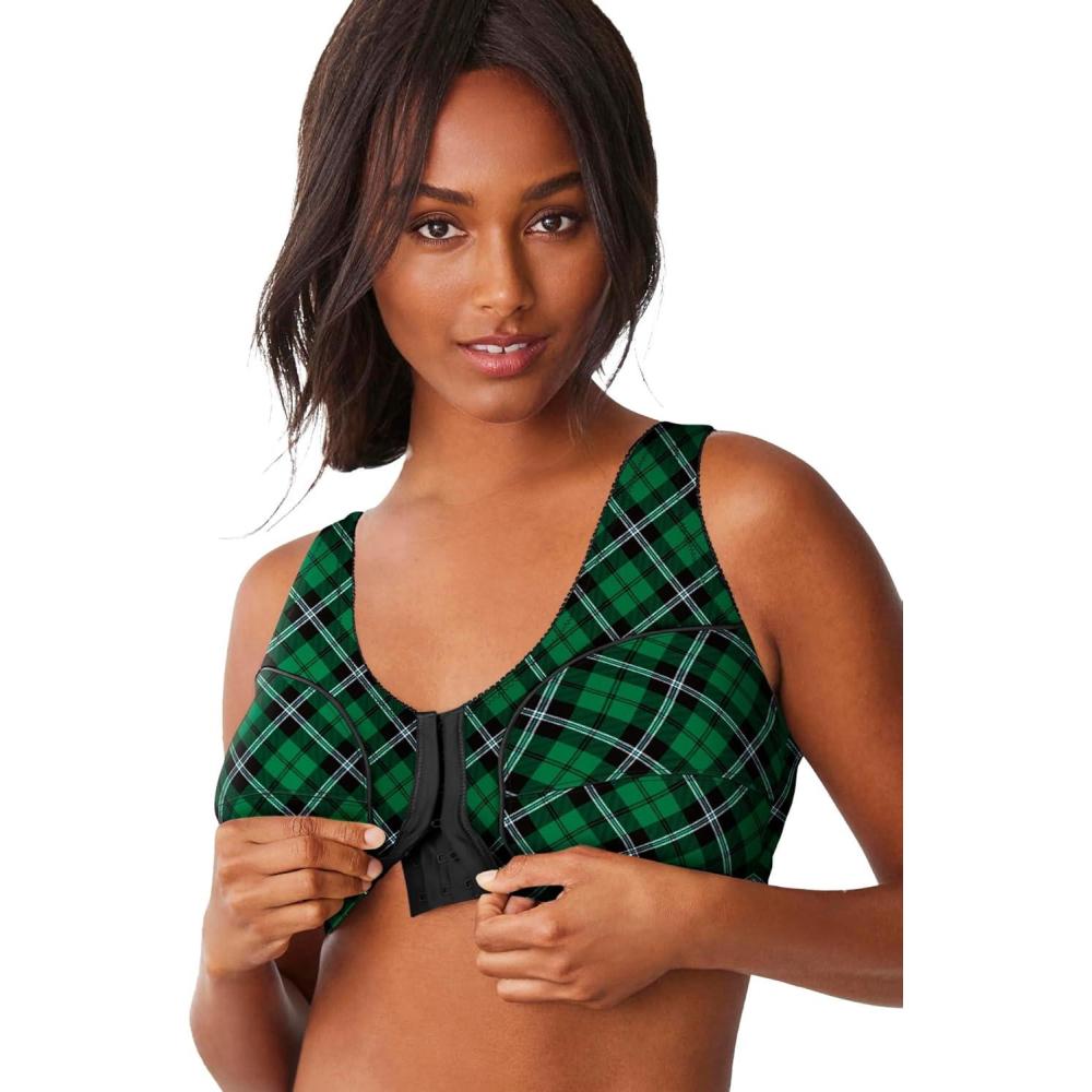 image:imageComfort Choice Womens Plus Size Cotton FrontClose Wireless BraEmerald Plaid