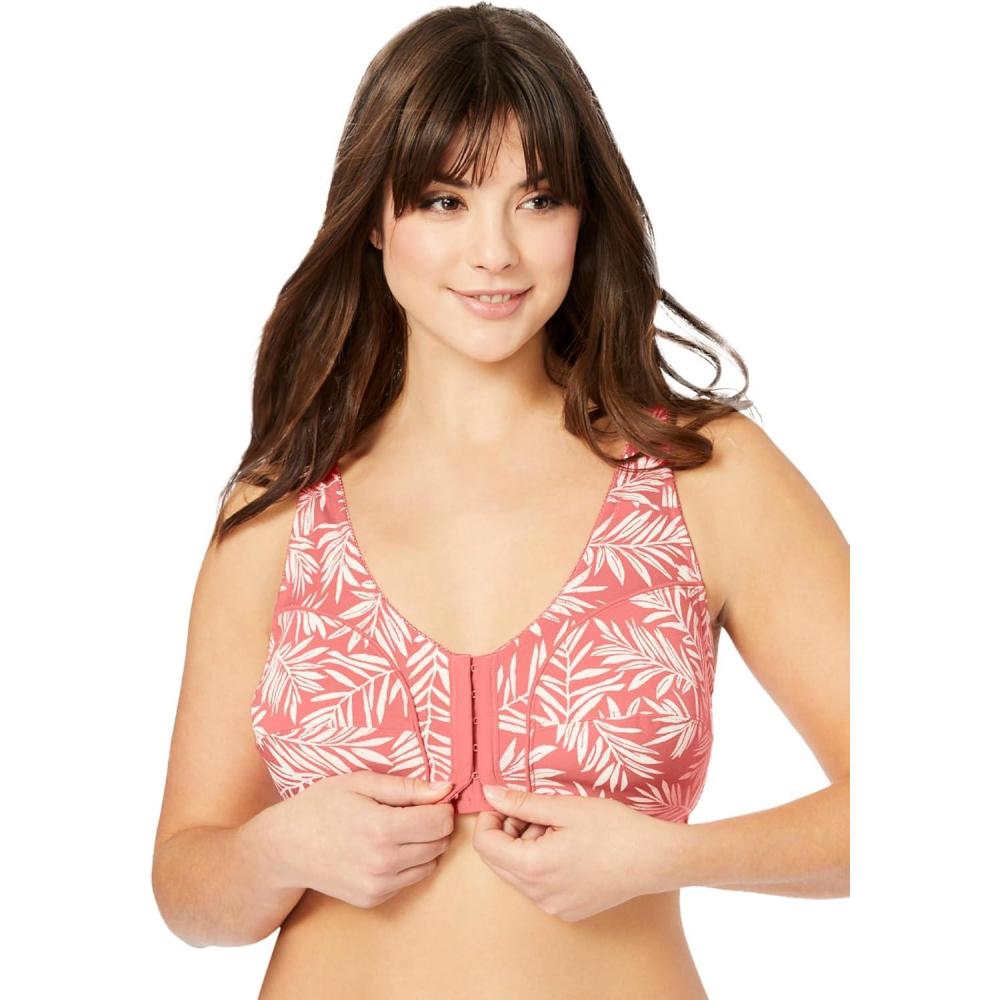 image:imageComfort Choice Womens Plus Size Cotton FrontClose Wireless BraSweet Coral Palms