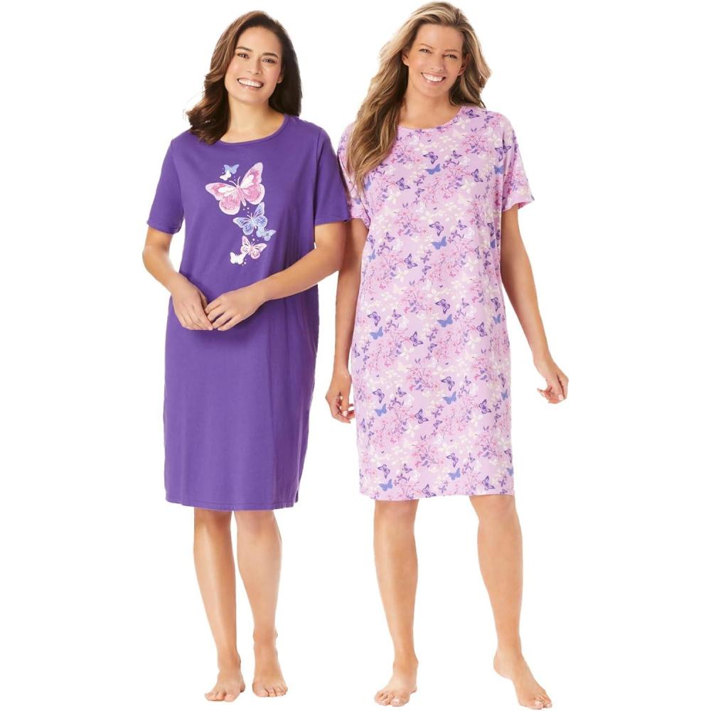 image:imageDreams amp Co Plus Size 2Pack ShortSleeve SleepshirtPlum Burst Floral Butterfly