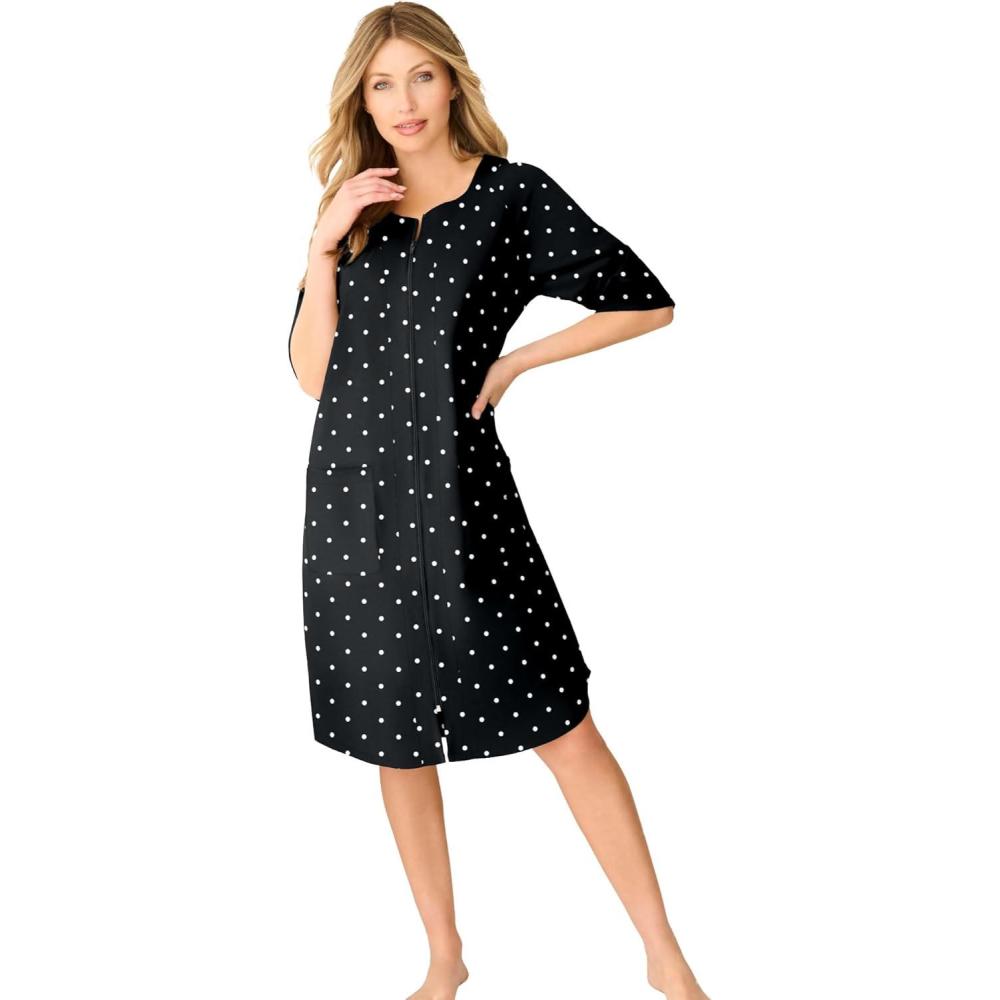 image:imageDreams amp Co Plus Size Short French Terry ZipFront RobeBlack Dot
