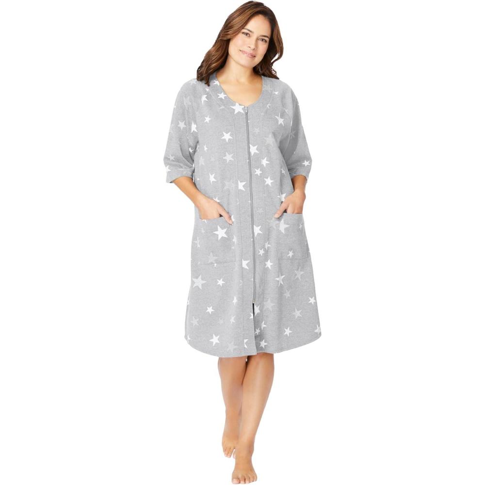 image:imageDreams amp Co Plus Size Short French Terry ZipFront RobeHeather Grey Stars