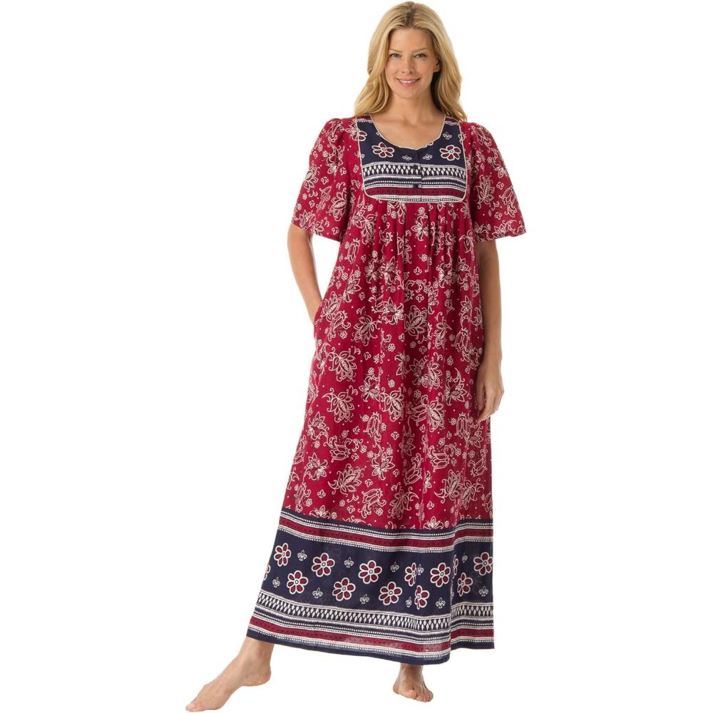 image:imageOnly Necessities Womens Plus Size Bib Front Lounger House Dress NightgownClassic Red Print