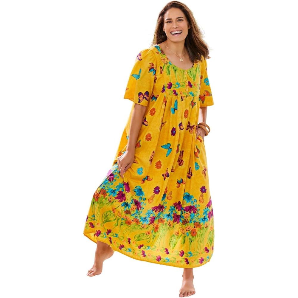 image:imageOnly Necessities Womens Plus Size Bib Front Lounger House Dress NightgownYellow Butterfly