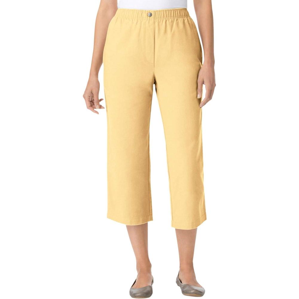 image:imageWoman Within Plus Size 7Day ElasticWaist PullOn Cotton Denim Capri JeansBanana