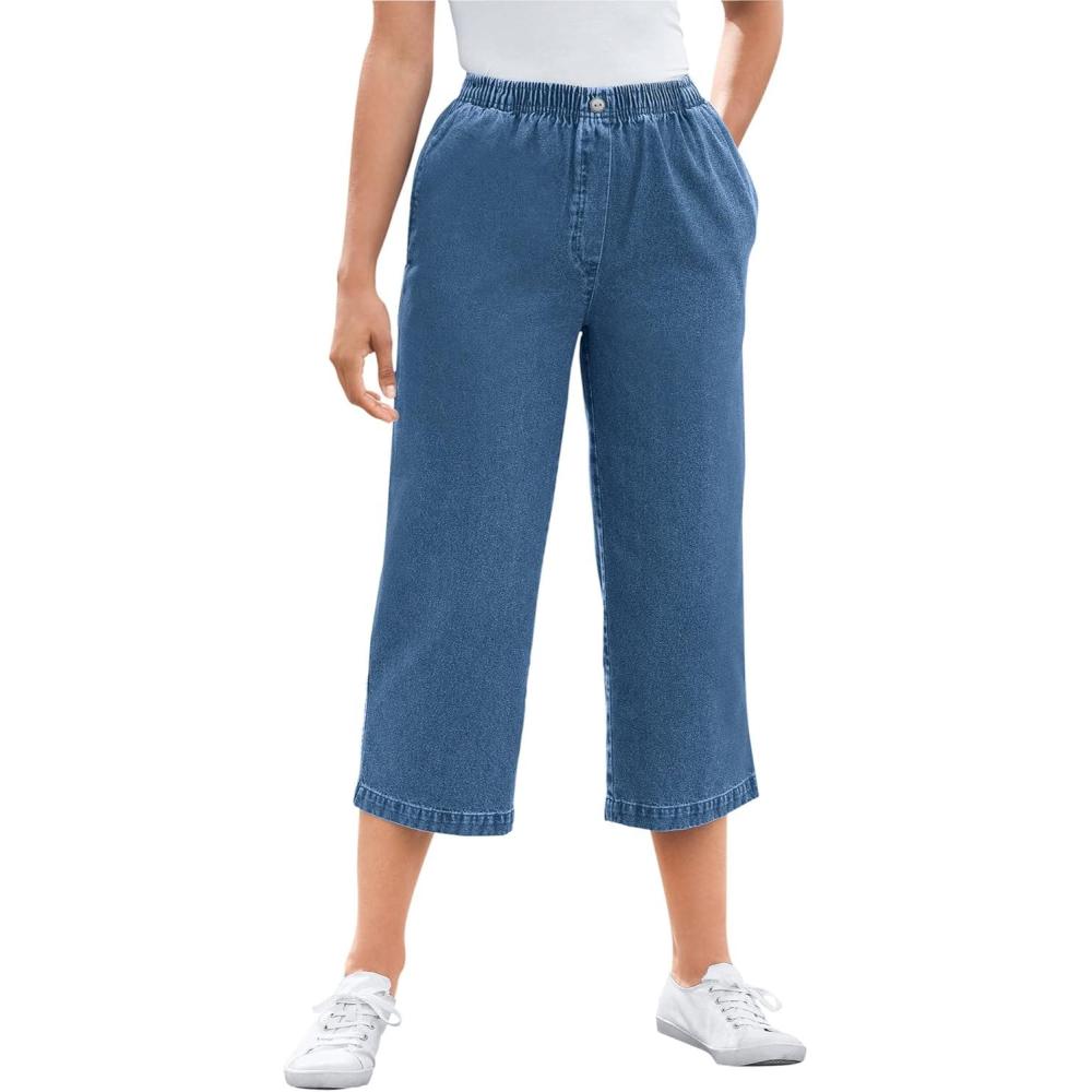 image:imageWoman Within Plus Size 7Day ElasticWaist PullOn Cotton Denim Capri JeansMedium Stonewash