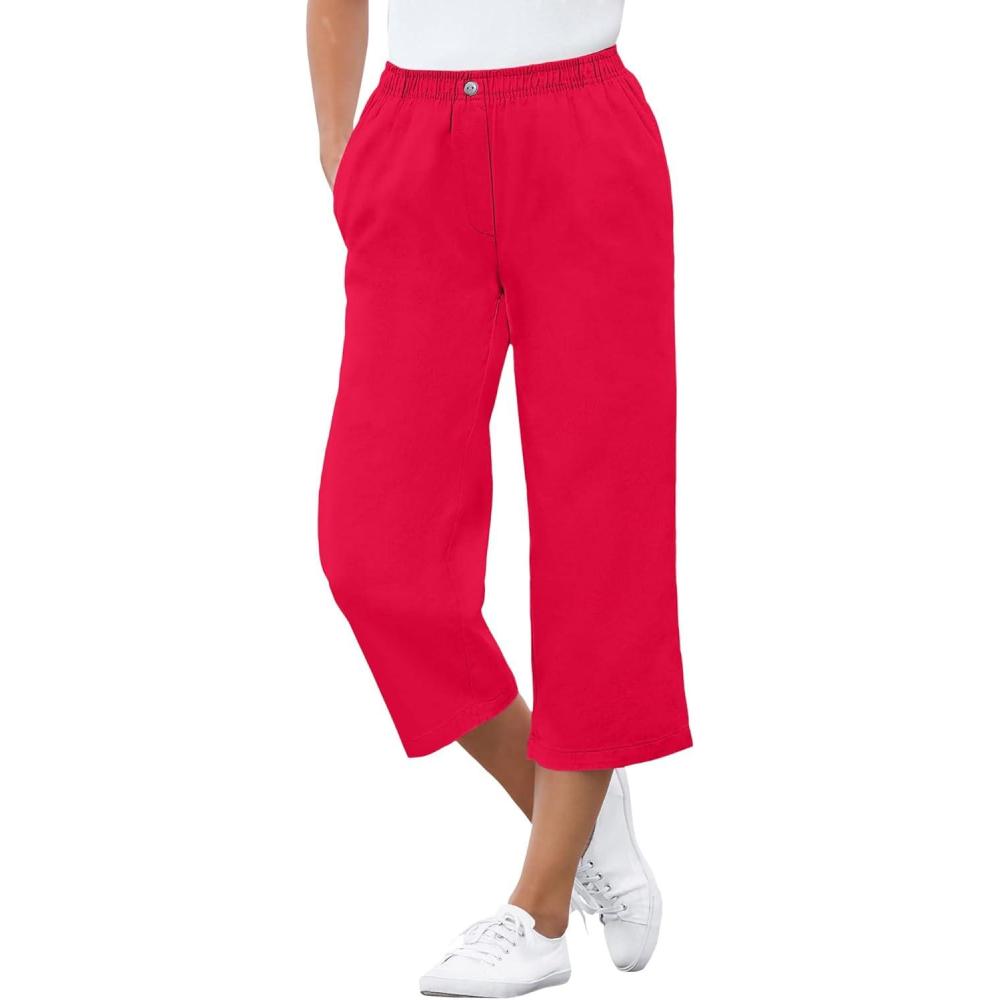 image:imageWoman Within Plus Size 7Day ElasticWaist PullOn Cotton Denim Capri JeansVivid Red
