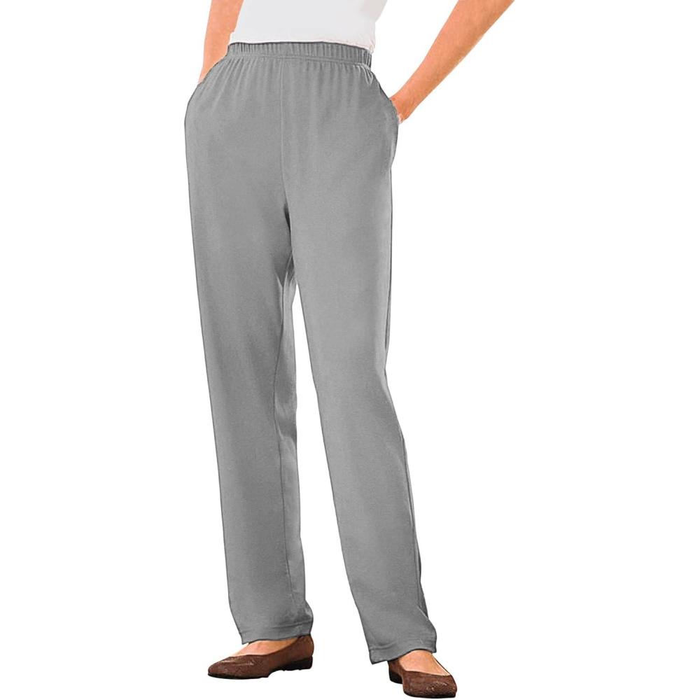image:imageWoman Within Plus Size 7Day Knit Straight Leg Pant Stretch Elastic Waist Petite amp Tall AvailableMedium Heather Grey