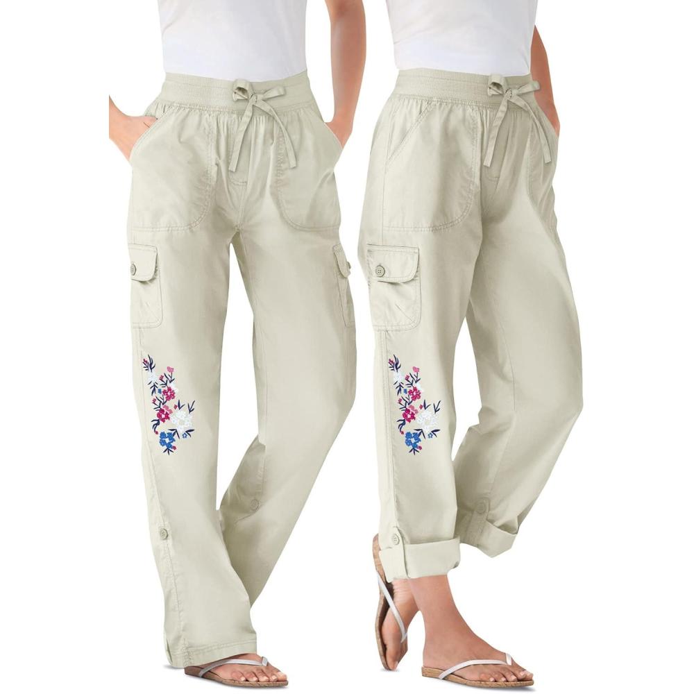 image:imageWoman Within Plus Size Convertible 2in1 Cargo Pant amp Capri Elastic WaistClassic Natural Khaki Floral Embroidery