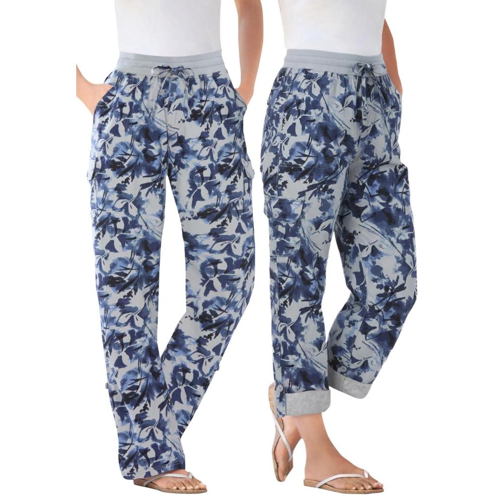 image:imageWoman Within Plus Size Convertible 2in1 Cargo Pant amp Capri Elastic WaistPearl Grey Botanical