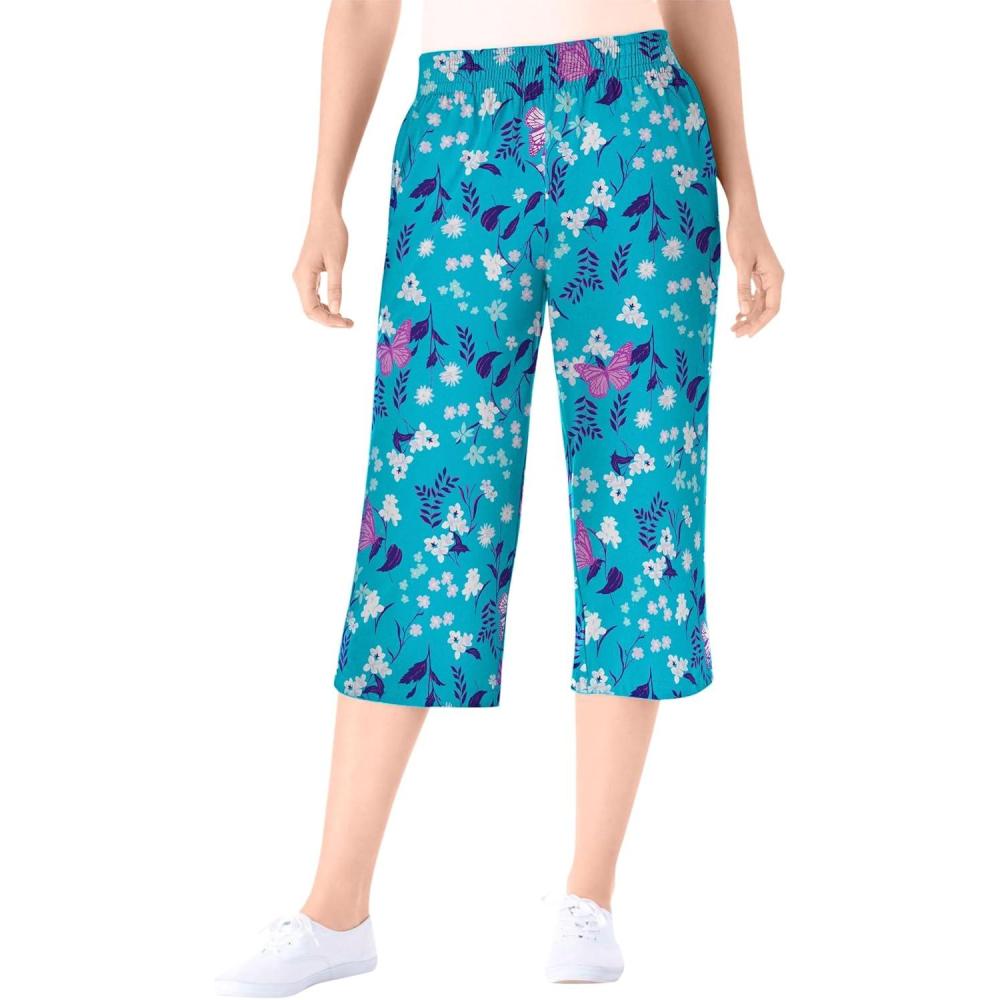 image:imageWoman Within Plus Size ElasticWaist PullOn Knit Pocket Capri PantsPretty Turquoise Butterflies