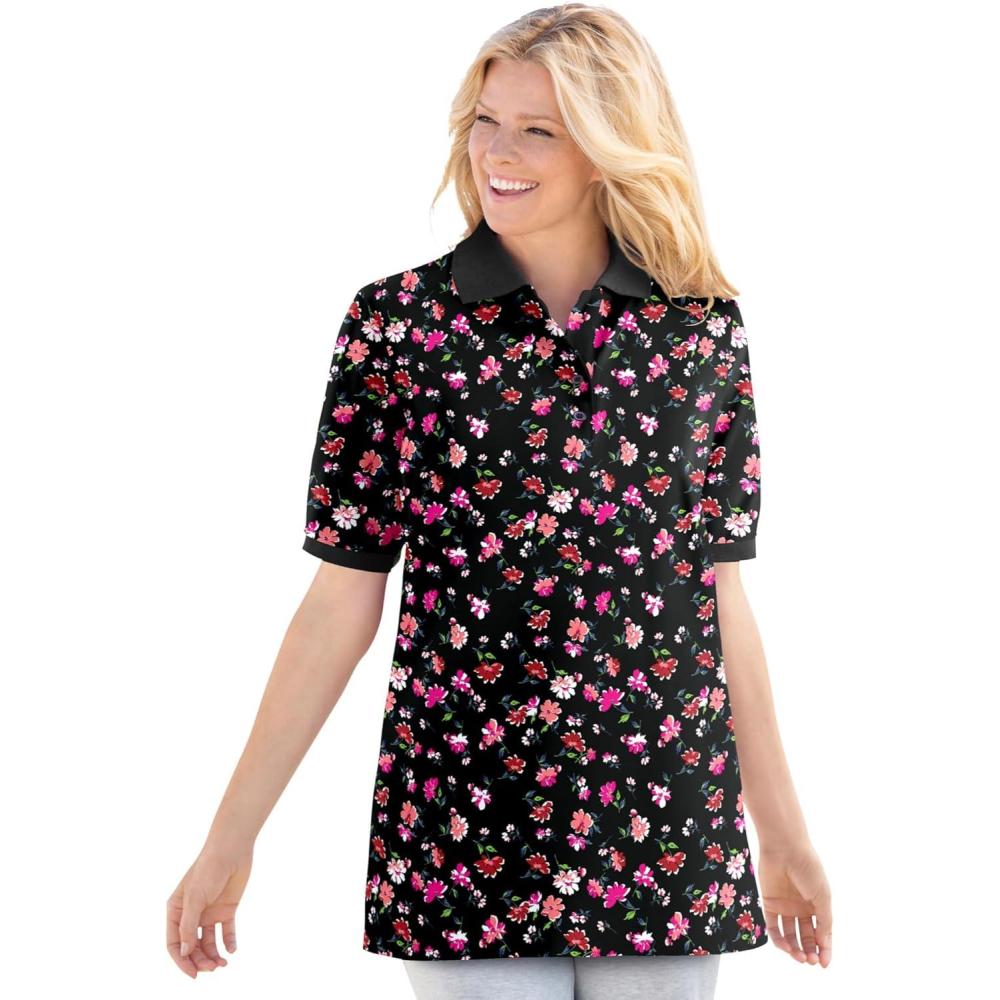 image:imageWoman Within Plus Size ElbowSleeve Polo TunicBlack Multi Floral