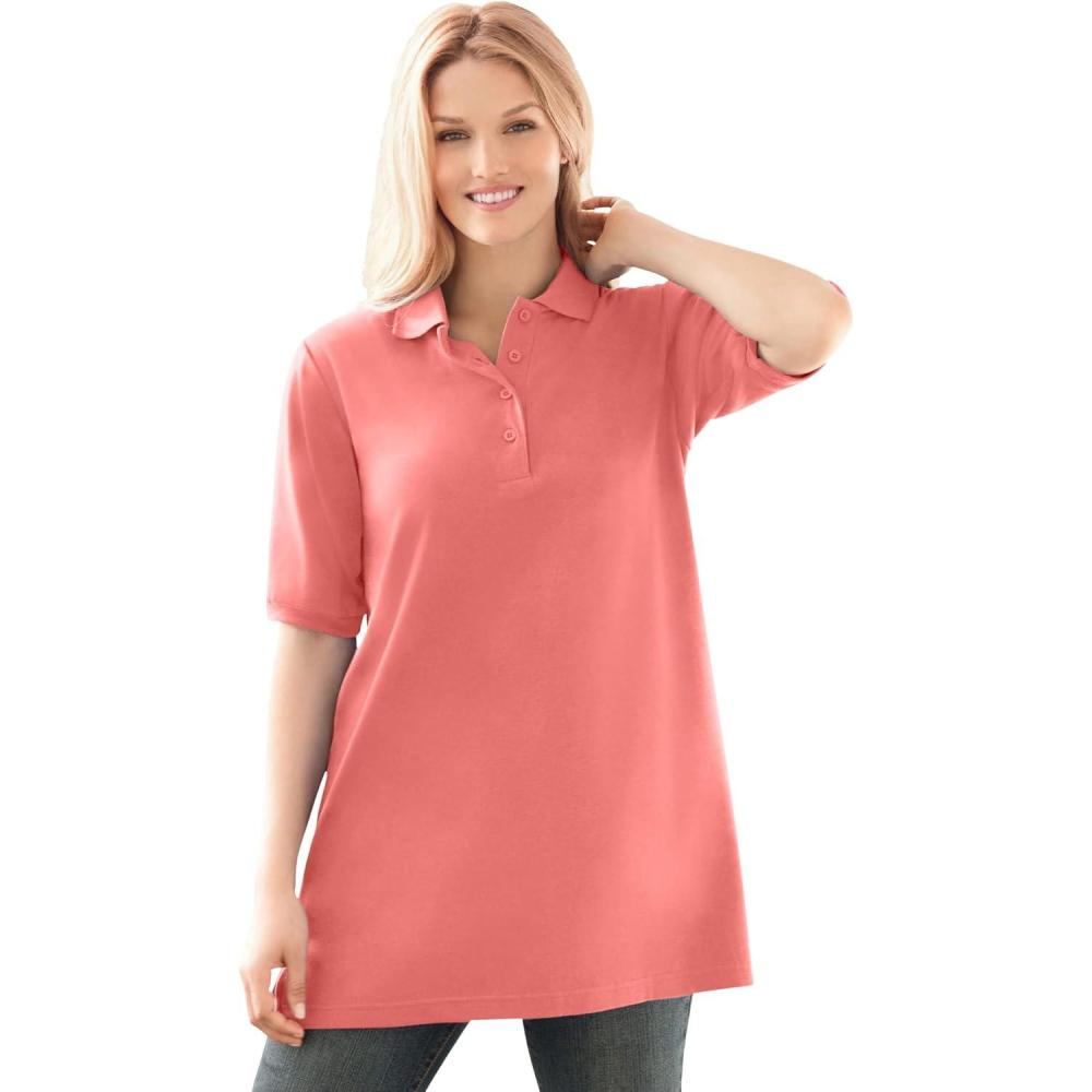 image:imageWoman Within Plus Size ElbowSleeve Polo TunicSweet Coral