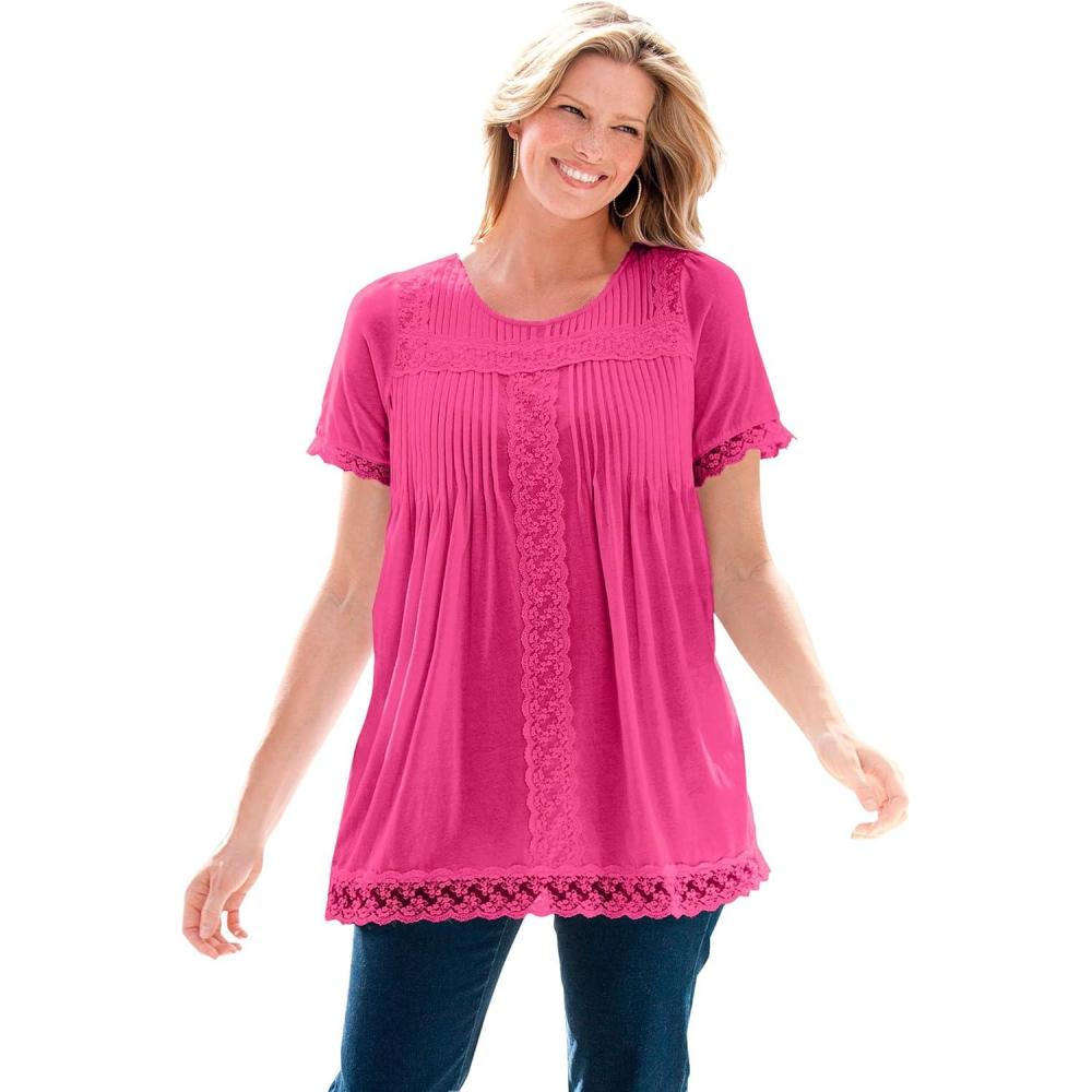 image:imageWoman Within Plus Size LaceTrim Pintucked TunicRaspberry Sorbet