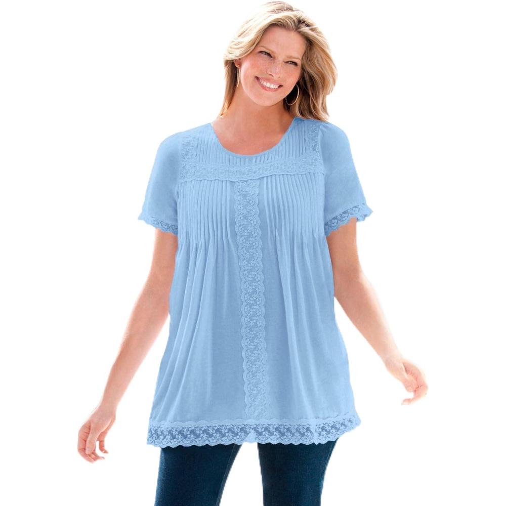 image:imageWoman Within Plus Size LaceTrim Pintucked TunicSky Blue