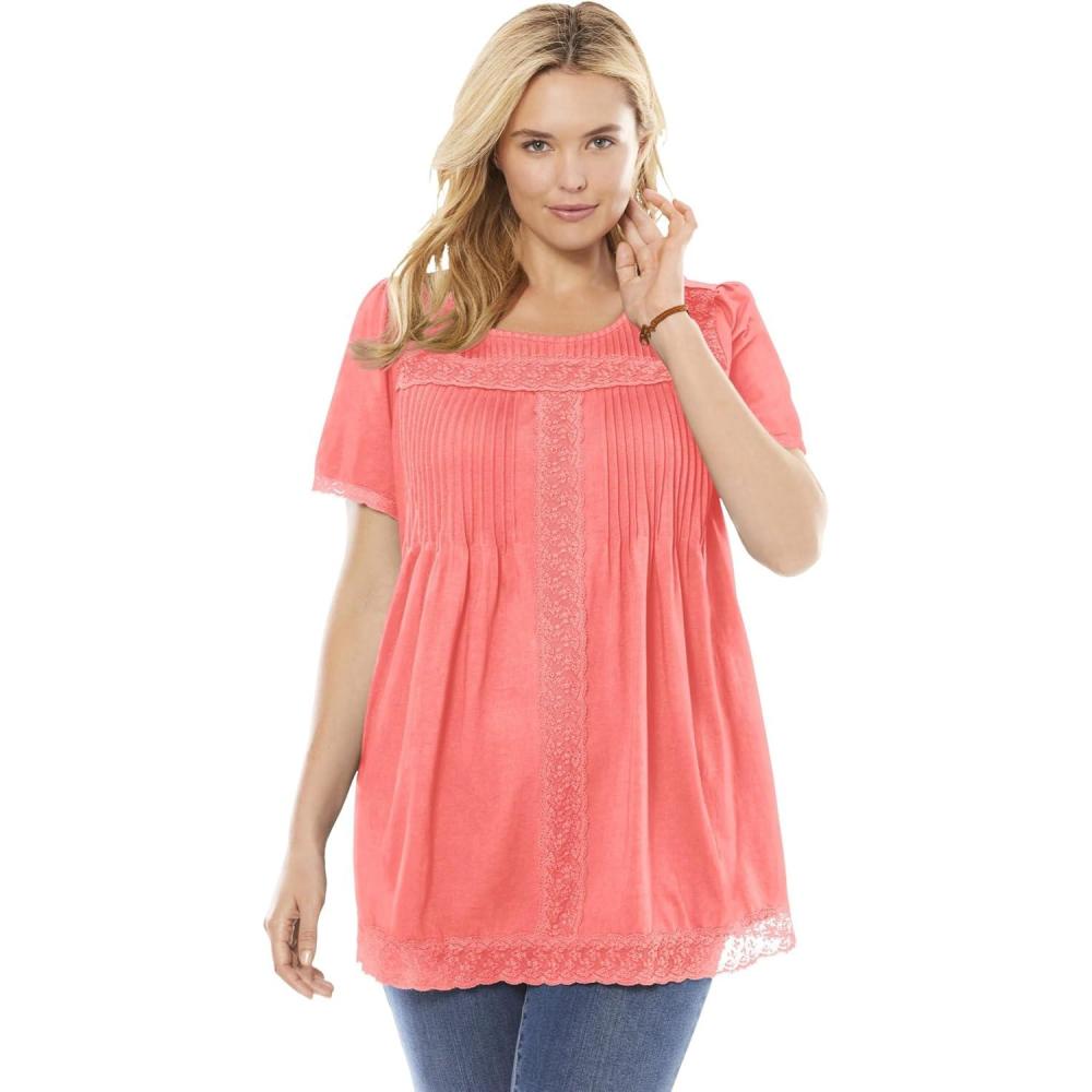 image:imageWoman Within Plus Size LaceTrim Pintucked TunicSweet Coral