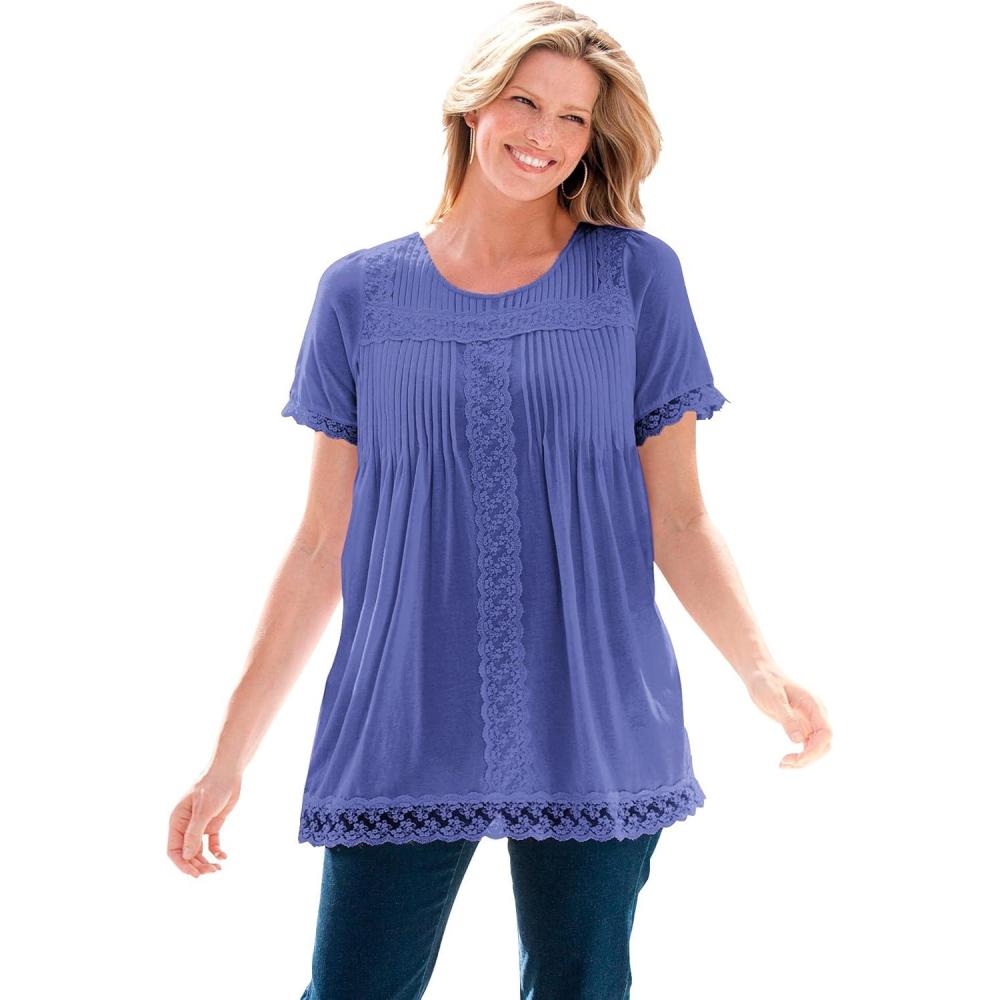 image:imageWoman Within Plus Size LaceTrim Pintucked TunicTulip Purple