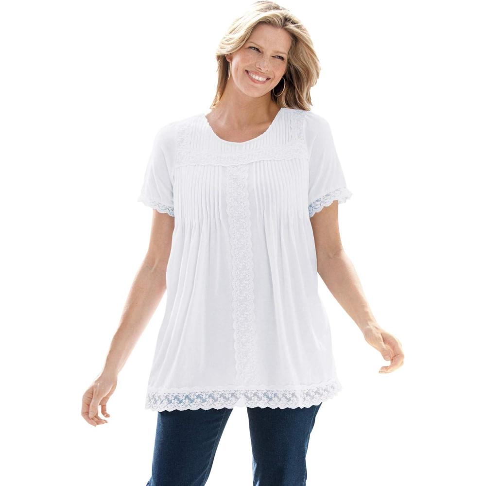 image:imageWoman Within Plus Size LaceTrim Pintucked TunicWhite