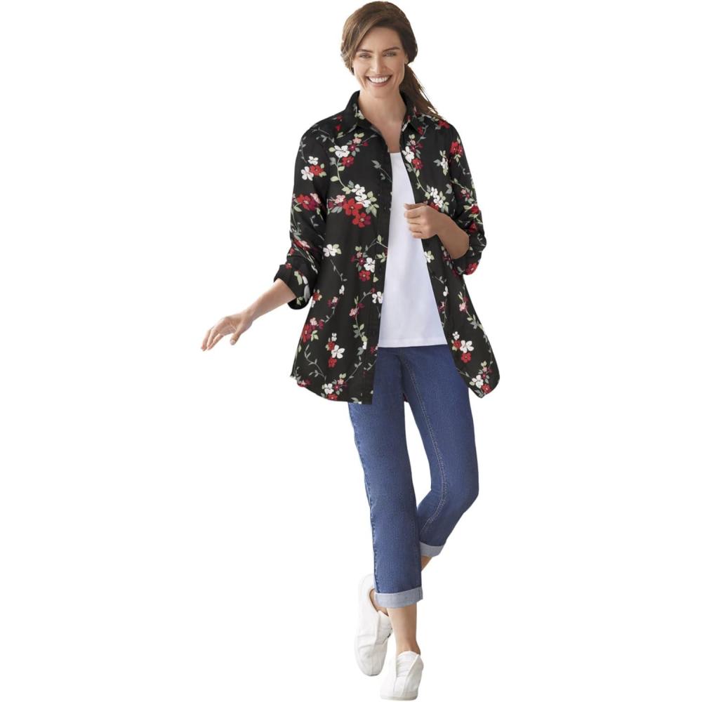 image:imageWoman Within Plus Size Perfect Long Sleeve ShirtBlack Multi Floral