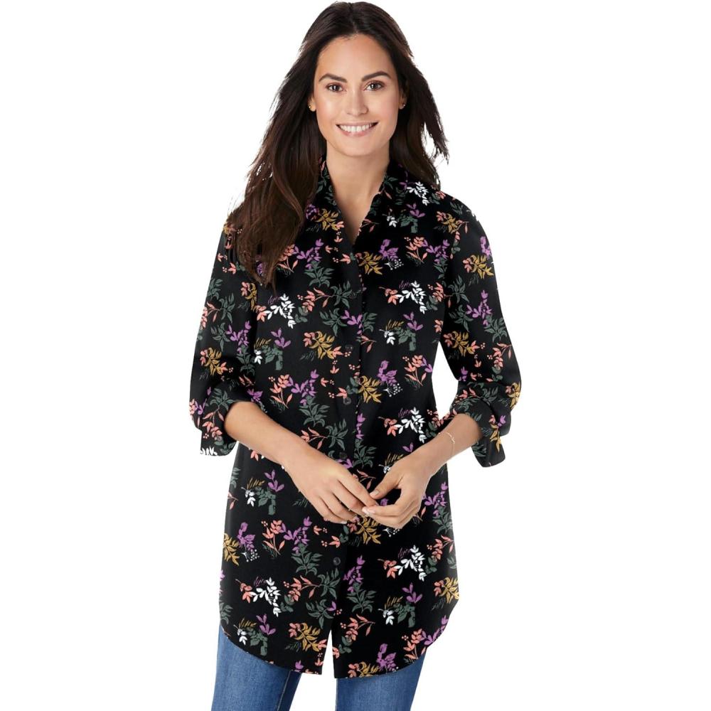 image:imageWoman Within Plus Size Perfect Long Sleeve ShirtBlack Multi Leaves
