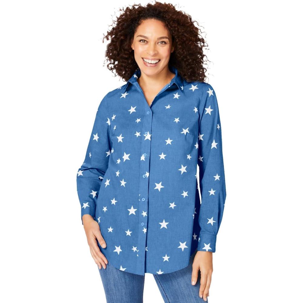 image:imageWoman Within Plus Size Perfect Long Sleeve ShirtBlue Chambray Stars