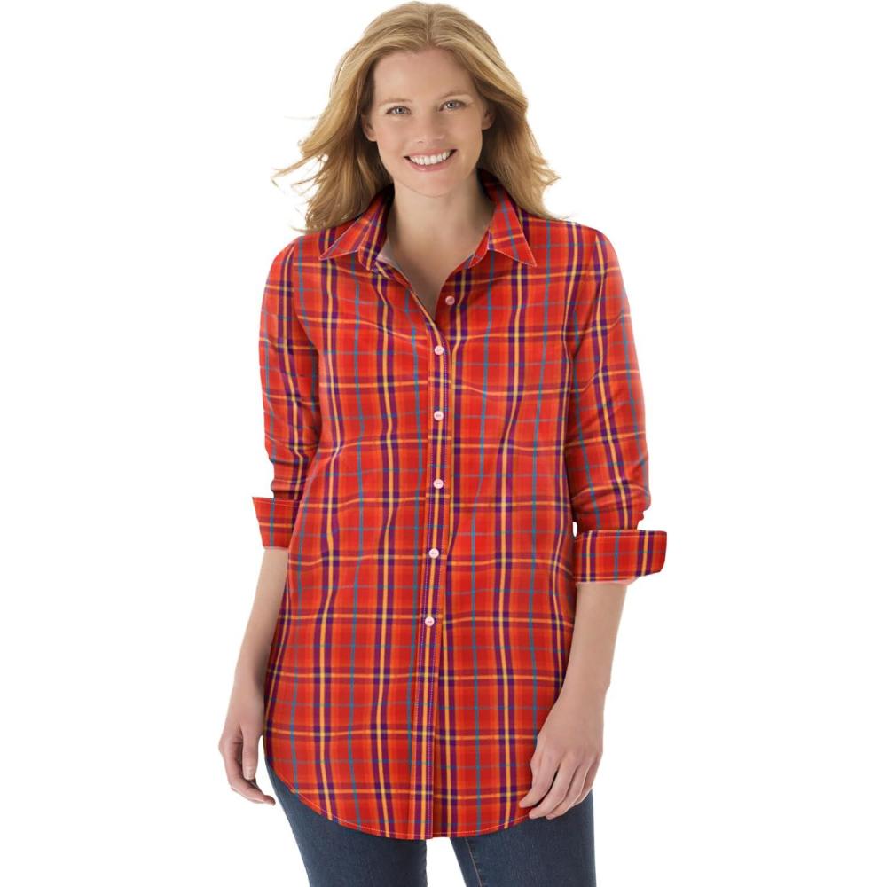 image:imageWoman Within Plus Size Perfect Long Sleeve ShirtClassic Red Multi Plaid